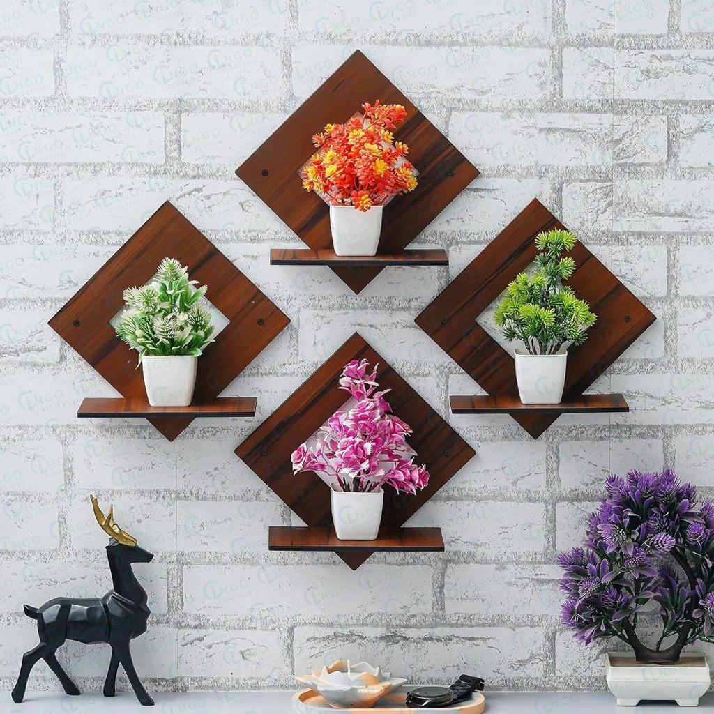 diamond shape wooden wall shelf with plants