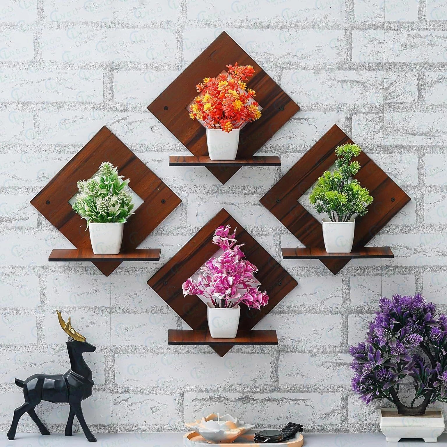 diamond shape wooden wall shelf with plants