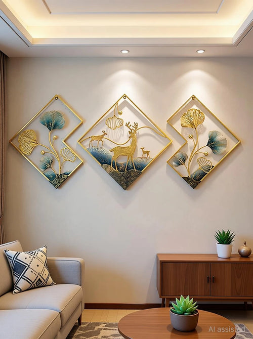 3 piece golden deer metal wall art for living room decoration